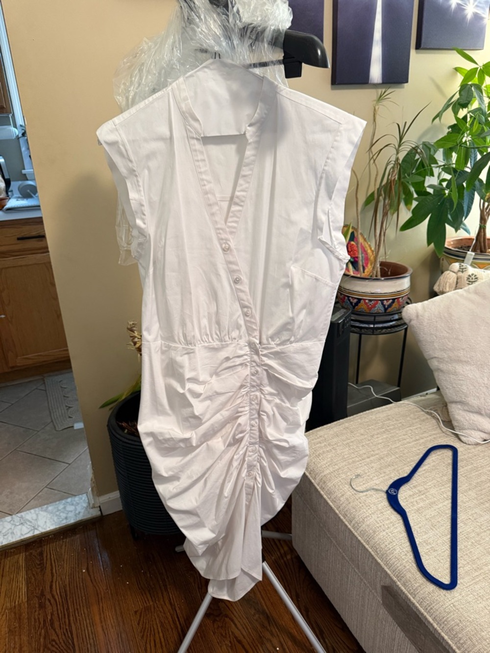 Veronica Beard White Ruched V‑Neck Midi Dress